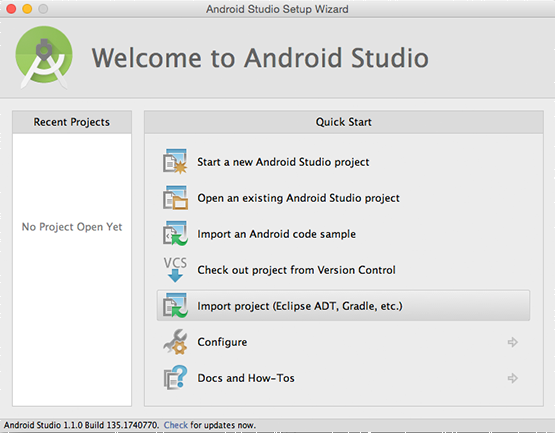 فتح Android Studio ثم تحديد الخيار Import Project من الخيارات الظاهرة لفتح مشروع كوردوفا لتطبيق أندرويد.