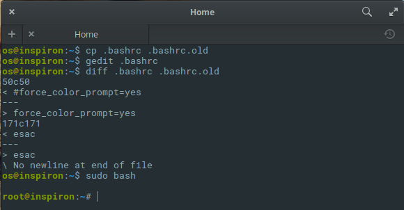 صدفة bash بها أمثلة لبيان اختلاف محث المستخدم العادي عن المستخدم الجذر