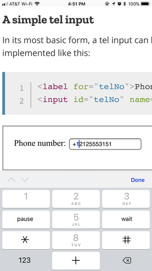 لوحة المفاتيح الظاهرة على متصفحات الهواتف المحمولة العاملة بنظام iOS مع الحقل tel في HTML
