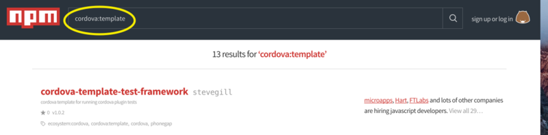 البحث عن قالب في npm لبناء تطبيق عليه عبر البحث عن الكلمة المفتاحية cordova:template.