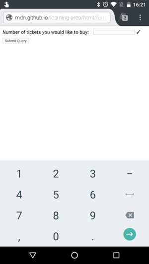 لقطة لكيفية تخصيص لوحة المفاتيح عند إدخال قيمة في حقل number في متصفح Firefox على هواتف أندرويد.